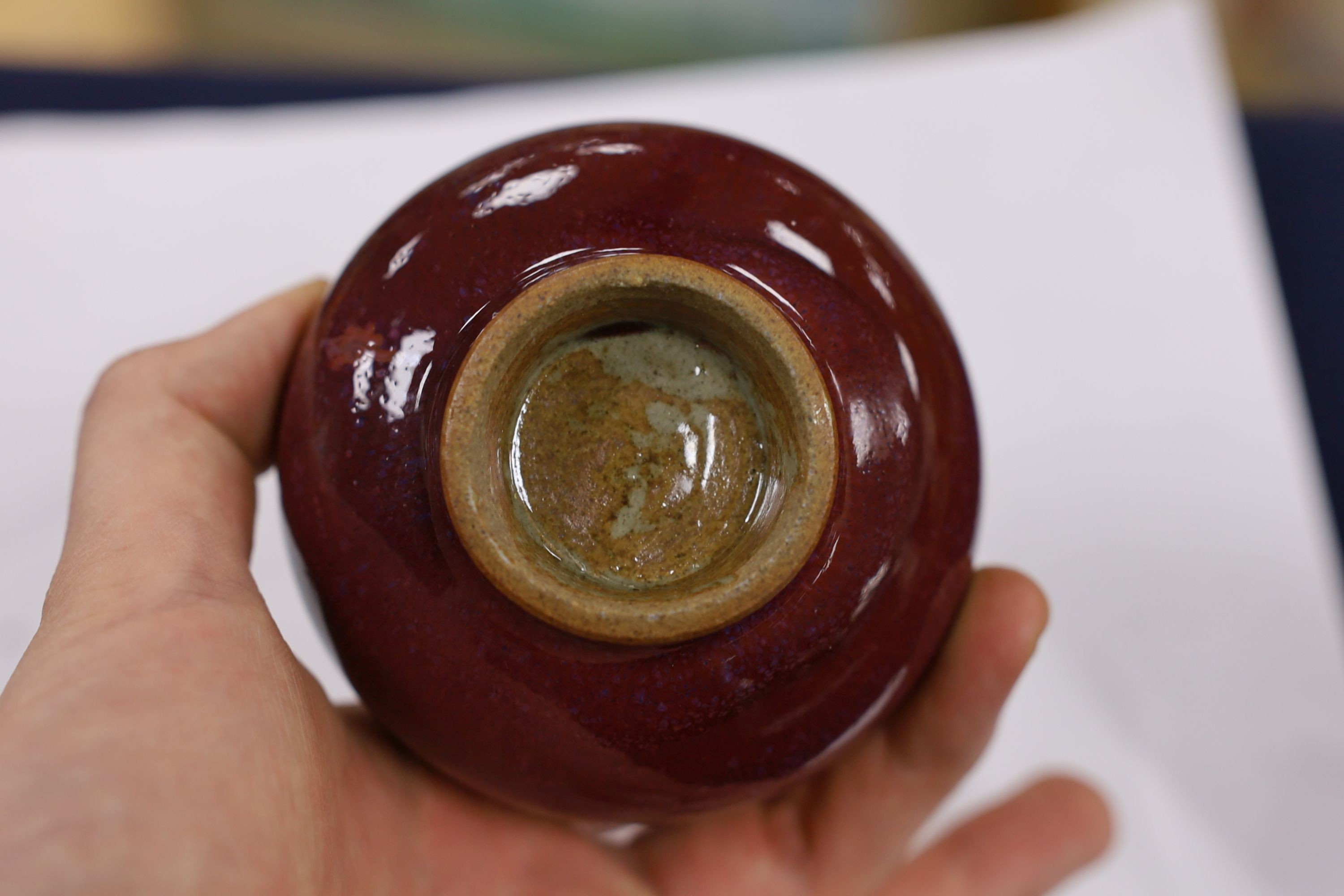 A Chinese bowenite jade figure of a lady, a Canton enamel bowl and a Jun type bud vase, tallest 20 cm high